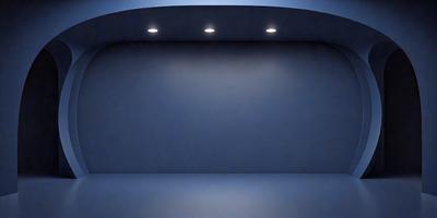 The primary subject of the image is a large, empty room with a blue wall. The setting is a dark room with a blue background, and the visual style appears to be a photo. The room has a blue color scheme, creating a calm and serene atmosphere.