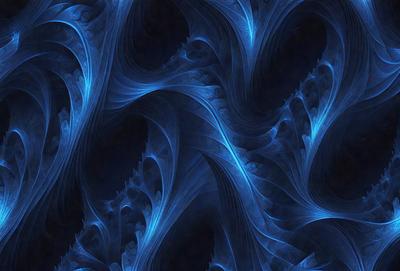 The primary subject of the image is a blue, swirling, and flowing pattern. The setting is a dark background, which contrasts with the vibrant blue color of the pattern. The visual style appears to be a digital art or illustration, as the pattern is intricate and detailed. The colors and mood of the image are predominantly blue, creating a sense of calmness and tranquility.
