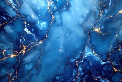 The primary subject of the image is a blue marble wall with a pattern of yellow streaks. The setting is a dark room, and the visual style appears to be a combination of a photo and digital art. The dominant colors are blue and yellow, creating a striking and visually appealing atmosphere.