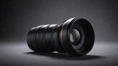 The primary subject of the image is a close-up of a camera lens. The lens is black and features a gold ring around the center. The setting is a gray background, which provides a clean and minimalistic look to the image. The visual style is a close-up of the camera lens, showcasing its details and design. The colors in the image are predominantly black and gray, creating a professional and sophisticated atmosphere.