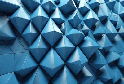 The primary subject of the image is a blue wall with a pattern of blue triangles. The setting is a room with a blue background, and the visual style appears to be a digital art or illustration. The dominant colors are blue, and the overall atmosphere is calm and visually appealing.