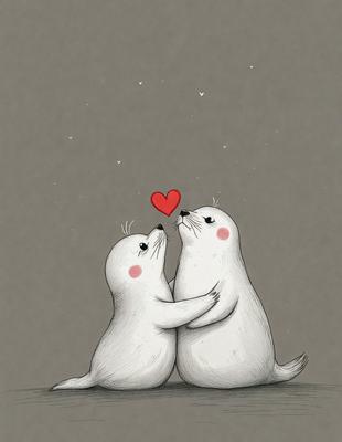 The image features two white seals, one on the left and the other on the right, standing close to each other. They are both holding a red heart, which appears to be a symbol of love or affection. The scene is set against a gray background, giving it a somewhat moody atmosphere. The visual style of the image is a combination of digital art and illustration, creating a unique and charming scene.