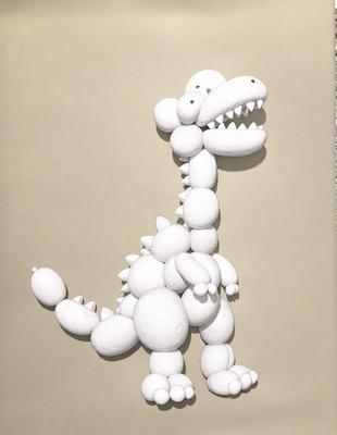 The primary subject of the image is a white, plastic toy dinosaur, which is the main object, scene, or focus of the image. The setting is a white wall, and the visual style is a digital art or illustration. The colors and mood of the image are predominantly white, giving it a clean and simple appearance.