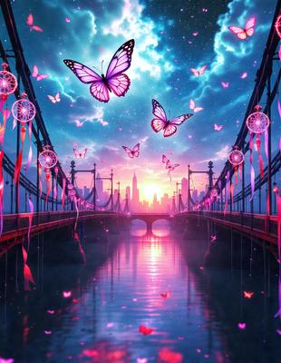 The primary subject of the image is a bridge with a group of butterflies flying around it. The setting is a beautiful sunset, creating a serene and peaceful atmosphere. The visual style is a digital art, with the butterflies and bridge depicted in a vibrant and colorful manner. The colors and mood of the image are predominantly pink and purple, evoking a sense of tranquility and harmony.