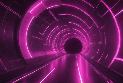 The primary subject of the image is a tunnel with a purple lighting effect. The tunnel appears to be a futuristic, pink-lit tunnel that is illuminated with a purple glow. The setting is a dark environment, and the visual style is a combination of a photo and digital art. The colors and mood of the image are predominantly purple, creating a unique and futuristic atmosphere.