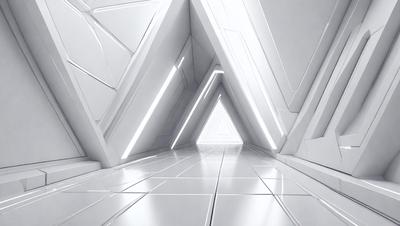The primary subject of the image is a white, futuristic-looking room with a long hallway. The setting is a white, modern-looking space with a large, open area. The visual style is a combination of digital art and illustration, creating a futuristic atmosphere. The colors and mood are predominantly white, giving the room a clean and minimalist appearance.