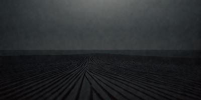The primary subject of the image is a black and white photograph of a desert landscape. The setting is a barren, sandy plain with a sky visible in the background. The visual style is a black and white photo, which adds a sense of timelessness and nostalgia to the scene. The colors and mood of the image are predominantly dark and moody, with the black and white photography emphasizing the stark contrasts and textures of the desert environment.