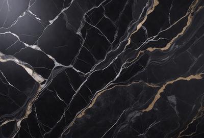 The primary subject of the image is a black and gold marble wall. The setting is a dark room, and the visual style is a close-up of the marble wall. The dominant colors are black and gold, creating a luxurious and elegant atmosphere.