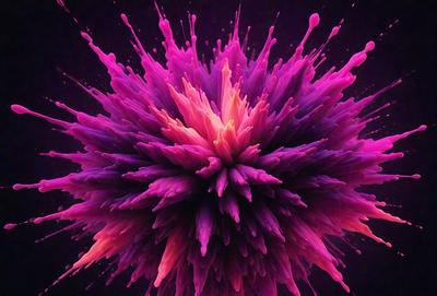 The primary subject of the image is a large, colorful, and abstract artwork. The setting is a dark background, which contrasts with the vibrant colors of the artwork. The visual style is a combination of digital art and illustration, creating a unique and eye-catching piece. The dominant colors are purple, pink, and yellow, giving the artwork a lively and energetic atmosphere.