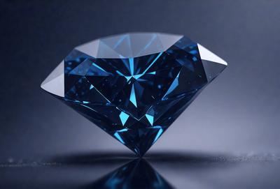 The primary subject of the image is a large, blue, cut diamond. The diamond is placed on a black surface, which serves as the background. The visual style of the image is a close-up of the diamond, showcasing its unique and beautiful shape. The colors and mood of the image are predominantly dark, with the blue diamond being the main focal point.
