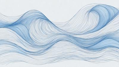 The primary subject of the image is a blue wave, which is the main focus of the scene. The wave is depicted in a blue and white color scheme, giving it a calm and serene appearance. The setting is a blue background, which complements the blue wave and adds to the overall visual style. The image is a digital art or illustration, showcasing the artist's skill in capturing the wave's movement and texture. The colors and mood of the image evoke a sense of tranquility and beauty