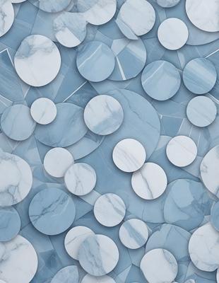 The primary subject of the image is a large number of white circles arranged in a pattern. The circles are of various sizes and are placed on a blue background. The visual style of the image is a combination of digital art and illustration, creating a unique and eye-catching pattern. The dominant colors in the image are blue and white, giving it a clean and modern appearance.