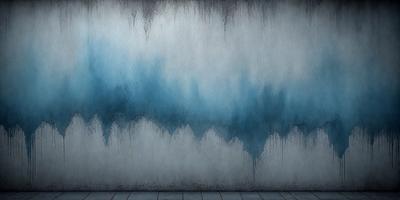 The primary subject of the image is a wall with a blue and white mural. The setting is a room with a concrete wall, and the visual style is a digital art or illustration. The dominant colors are blue and white, creating a calm and serene atmosphere.