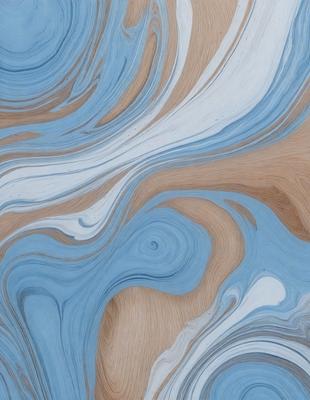 The primary subject of the image is a wooden table with a blue and white swirling pattern on it. The setting is a room with a blue and white color scheme. The visual style is a combination of digital art and illustration, creating a unique and eye-catching design. The dominant colors are blue and white, giving the table a vibrant and lively appearance.