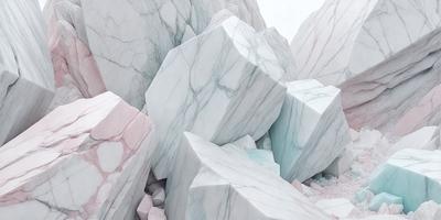 The primary subject of the image is a large, white marble rock. The setting is a mountainous environment, with the rock surrounded by other rocks and a mountain in the background. The visual style is a digital art, as the rock appears to be a digital rendering. The dominant colors are white and gray, giving the image a clean and minimalist appearance.
