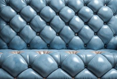 The primary subject of the image is a blue velvet couch with a patterned design. The setting is a room with a blue wall, and the visual style is a photo. The dominant colors in the image are blue and white, creating a calm and relaxing atmosphere.