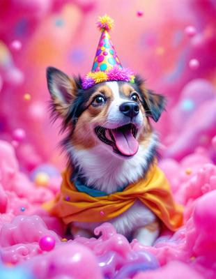 The primary subject of the image is a dog wearing a birthday hat and standing in a pink, bubbly, and colorful environment. The dog appears to be enjoying the celebration, and the setting suggests a festive atmosphere. The visual style of the image is a combination of photo and digital art, creating a unique and vibrant scene. The dominant colors in the image are pink, which is the color of the bubbles and the dog's hat, and various shades of pink and