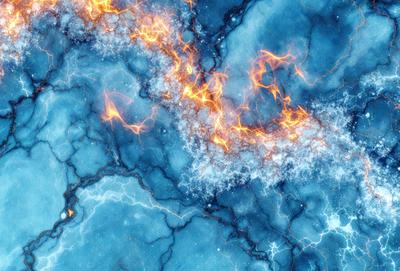 The primary subject of the image is a blue background with a pattern of yellow streaks or lightning bolts. The setting appears to be a blue and white marbled surface, possibly a wall or a piece of art. The visual style of the image is a combination of digital art and illustration, creating a unique and eye-catching design. The colors and mood of the image are predominantly blue and white, with the yellow streaks adding a sense of energy and movement to the overall composition.