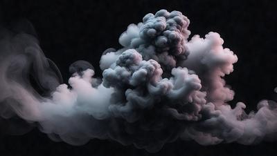 The primary subject of the image is a cloud of smoke, which appears to be a dark, ominous, and somewhat menacing presence. The setting is a dark background, which further emphasizes the smoke's prominence. The visual style is a black and white photo, which adds to the dramatic and moody atmosphere of the scene. The colors and mood of the image are predominantly dark, with the smoke being the main focus and the background serving as a contrasting element.