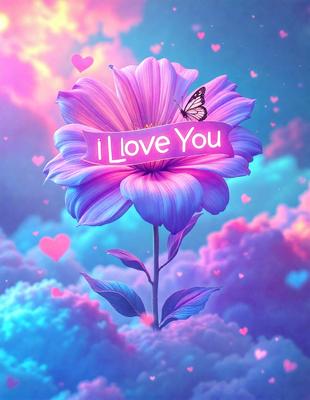 The primary subject of the image is a pink flower with a butterfly perched on it. The setting is a cloudy sky, and the visual style is digital art. The dominant colors are pink and purple, creating a warm and romantic atmosphere.