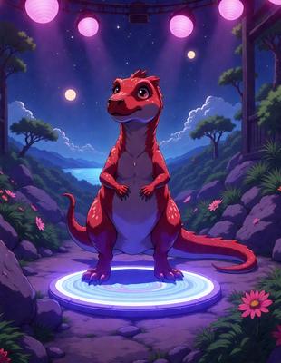 The primary subject of the image is a red dinosaur standing on a purple circle. The setting is a forest with trees in the background. The visual style is a digital art or illustration, creating a vibrant and lively atmosphere. The dominant colors are red and purple, which add a sense of energy and excitement to the scene.