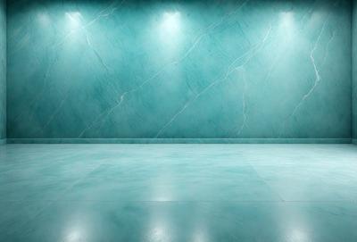 The primary subject of the image is a large, blue marble wall. The setting is a room with a blue floor, and the visual style is a photo. The dominant colors in the image are blue and white, creating a calm and serene atmosphere.