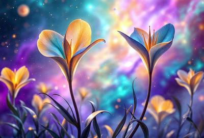 The primary subject of the image is a pair of yellow and blue flowers, which are the main focus of the scene. The flowers are situated in a purple and blue background, creating a vibrant and colorful visual effect. The flowers are depicted in a digital art style, giving them a unique and artistic appearance. The overall atmosphere of the image is lively and cheerful, with the bright colors and intricate details of the flowers.