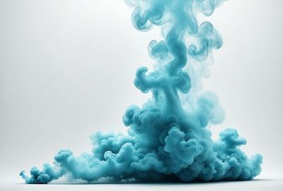 The primary subject of the image is a blue smoke or vapor, which appears to be rising or billowing upwards. The setting is a white background, which provides a clean and minimalist appearance. The visual style is a combination of photo and digital art, creating a unique and intriguing effect. The colors and mood of the image are predominantly blue, giving it a calm and serene atmosphere.