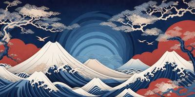 The primary subject of the image is a mountain with a blue sky and clouds in the background. The mountain is surrounded by a large body of water, which appears to be a wave or a sea. The visual style of the image is a combination of digital art and illustration, creating a dynamic and vibrant scene. The colors in the image are predominantly blue and white, giving the scene a serene and calming atmosphere.