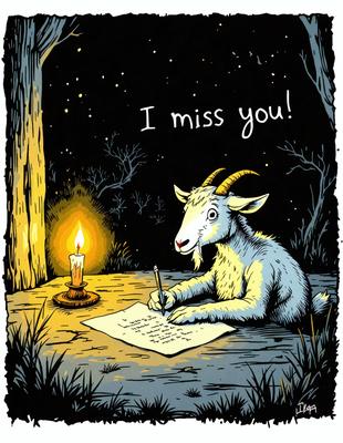 The primary subject of the image is a goat sitting at a table, writing on a piece of paper. The goat appears to be focused on its task, possibly writing a letter or a note. The setting is a dark room, with a lit candle on the table, providing a cozy atmosphere. The visual style of the image is a combination of digital art and illustration, creating a unique and creative scene. The colors in the image are predominantly dark, with the lit candle providing a warm and inviting g