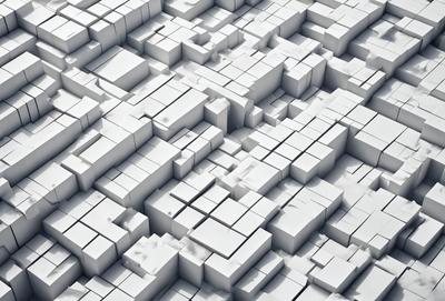 The primary subject of the image is a large, intricate, and complex pattern made up of white cubes. The setting is a white background, which provides a clean and minimalist appearance. The visual style is a combination of digital art and illustration, creating a unique and visually striking pattern. The colors and mood of the image are predominantly white, giving it a clean, modern, and sophisticated feel.