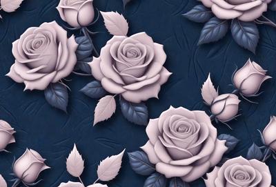 The primary subject of the image is a pattern of roses, which are the main objects in the scene. The setting is a blue background, and the visual style appears to be a combination of digital art and illustration. The dominant colors in the image are shades of pink and blue, creating a calm and serene atmosphere.