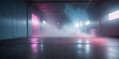 The primary subject of the image is a large, thick cloud of smoke or fog, which is filling the room. The setting is an industrial building with a concrete floor, and the visual style appears to be a combination of a photo and digital art. The dominant colors in the image are pink and purple, creating a moody and atmospheric scene.