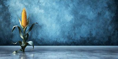 The primary subject of the image is a large, colorful flower. The setting is a room with a blue wall, and the visual style appears to be a photo. The dominant colors in the image are blue and green, creating a calm and serene atmosphere.
