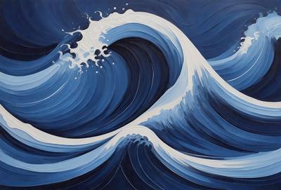 The primary subject of the image is a large, blue ocean wave. The wave is depicted in a painting or drawing style, with a blue background and a white and blue color scheme. The wave is the main focus of the image, and it appears to be a dynamic and powerful force of nature.