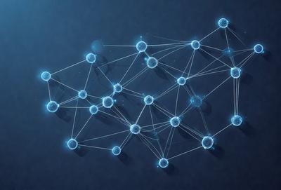 The primary subject of the image is a blue, three-dimensional network of interconnected lines. The setting is a dark blue background, which contrasts with the bright blue lines. The visual style is a digital art or illustration, as the lines are intricately connected and the overall composition is complex. The colors and mood of the image are predominantly blue, creating a sense of depth and complexity.
