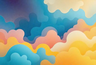 The primary subject of the image is a colorful, abstract painting featuring a cloudy sky. The setting is a brightly colored, swirling background that adds to the vibrant atmosphere of the painting. The visual style is a mix of digital art and illustration, creating a unique and eye-catching piece of art. The dominant colors are blue, yellow, and pink, which contribute to the overall mood of the painting, which is energetic and lively.