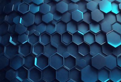 The primary subject of the image is a blue and black honeycomb pattern. The setting is a blue background, and the visual style is a digital art or illustration. The dominant colors are blue and black, creating a cool and modern atmosphere.