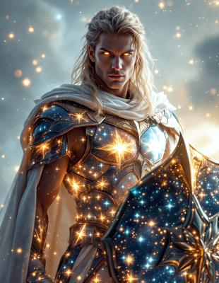 The primary subject of the image is a man wearing a suit of armor, with a sword in his hand. He is standing in front of a backdrop of stars, which adds to the overall atmosphere of the scene. The visual style of the image is a combination of digital art and illustration, creating a unique and detailed representation of the man in armor. The colors in the image are predominantly blue and gold, which contribute to the overall mood of the scene.