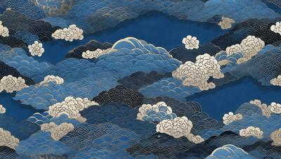 The primary subject of the image is a painting of a cloudy blue sky with white clouds. The setting is a blue background, and the visual style appears to be a traditional artwork. The colors and mood of the painting are predominantly blue and cloudy, creating a serene and peaceful atmosphere.