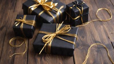 The primary subject of the image is a collection of wrapped presents. The presents are placed on a wooden table, and they are tied with gold ribbon. The setting is a wooden table, and the visual style is a photo. The colors and mood of the image are warm and festive, as the gold ribbon adds a touch of elegance to the presents.