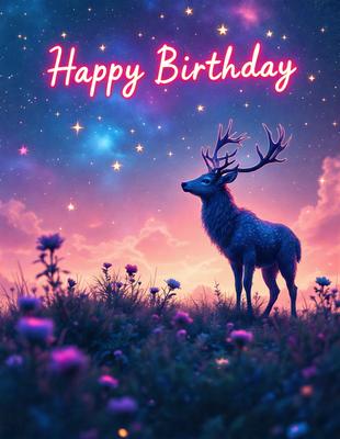 The primary subject of the image is a deer, which is standing in a field of flowers. The setting is a beautiful, colorful, and serene environment, with a sky background and a field of flowers. The visual style of the image is a digital art or illustration, creating a vibrant and lively atmosphere. The dominant colors in the image are pink and purple, which contribute to the overall mood of the scene.