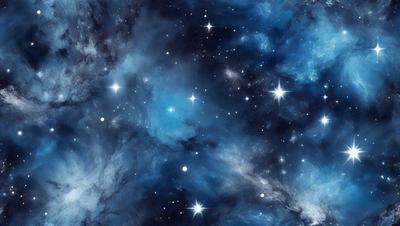 The primary subject of the image is a beautiful blue starry sky filled with stars. The setting is a vast, dark space, and the visual style is a combination of a photo and digital art. The colors and mood of the image are predominantly blue, creating a serene and peaceful atmosphere.