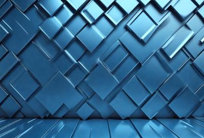 The primary subject of the image is a blue wall with a pattern of interlocking squares. The setting is a room with a blue wall, and the visual style is a photo. The dominant colors are blue and silver, creating a calm and soothing atmosphere.