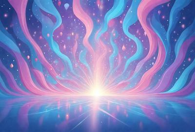 The primary subject of the image is a bright, colorful, and vibrant sunset. The setting is a blue and pink sky, with a purple background. The visual style is a digital art or illustration, creating a surreal and dreamy atmosphere. The colors and mood of the image are predominantly blue, pink, and purple, with a sense of warmth and tranquility.