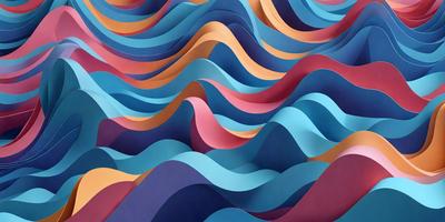 The primary subject of the image is a colorful, abstract artwork featuring a wave-like pattern. The setting is a wall, and the visual style appears to be a combination of digital art and illustration. The dominant colors in the artwork are blue, pink, and orange, creating a vibrant and lively atmosphere.
