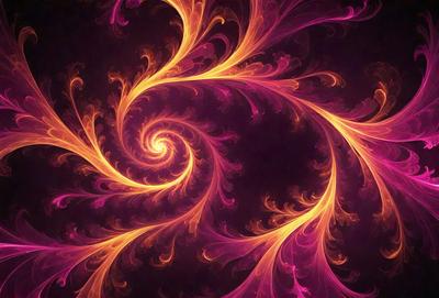 The primary subject of the image is a swirling, spiraling pattern of bright colors, resembling a kaleidoscope. The setting is a purple background, which contrasts with the vibrant colors of the swirl. The visual style is a digital art or illustration, as the swirl appears to be a digital creation. The dominant colors are purple, orange, and yellow, creating a lively and energetic atmosphere.