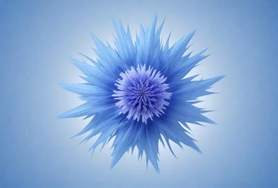 The primary subject of the image is a large, blue, purple, and white flower. The flower is the main focus of the image, and it is set against a blue background. The visual style of the image is a close-up of the flower, which gives it a detailed and vibrant appearance. The dominant colors of the image are blue and white, creating a calm and serene atmosphere.