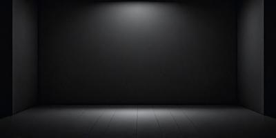 The primary subject of the image is a black stage with a light shining on it. The setting is a dark room, and the visual style is a black and white photo. The colors and mood of the image are dark and dramatic, creating a sense of mystery and anticipation.