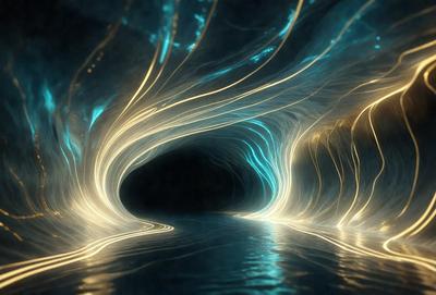 The primary subject of the image is a tunnel-like structure with a blue light illuminating it. The setting is a dark, underground environment, and the visual style appears to be a digital art or illustration. The dominant colors are blue and purple, creating a serene and mysterious atmosphere.